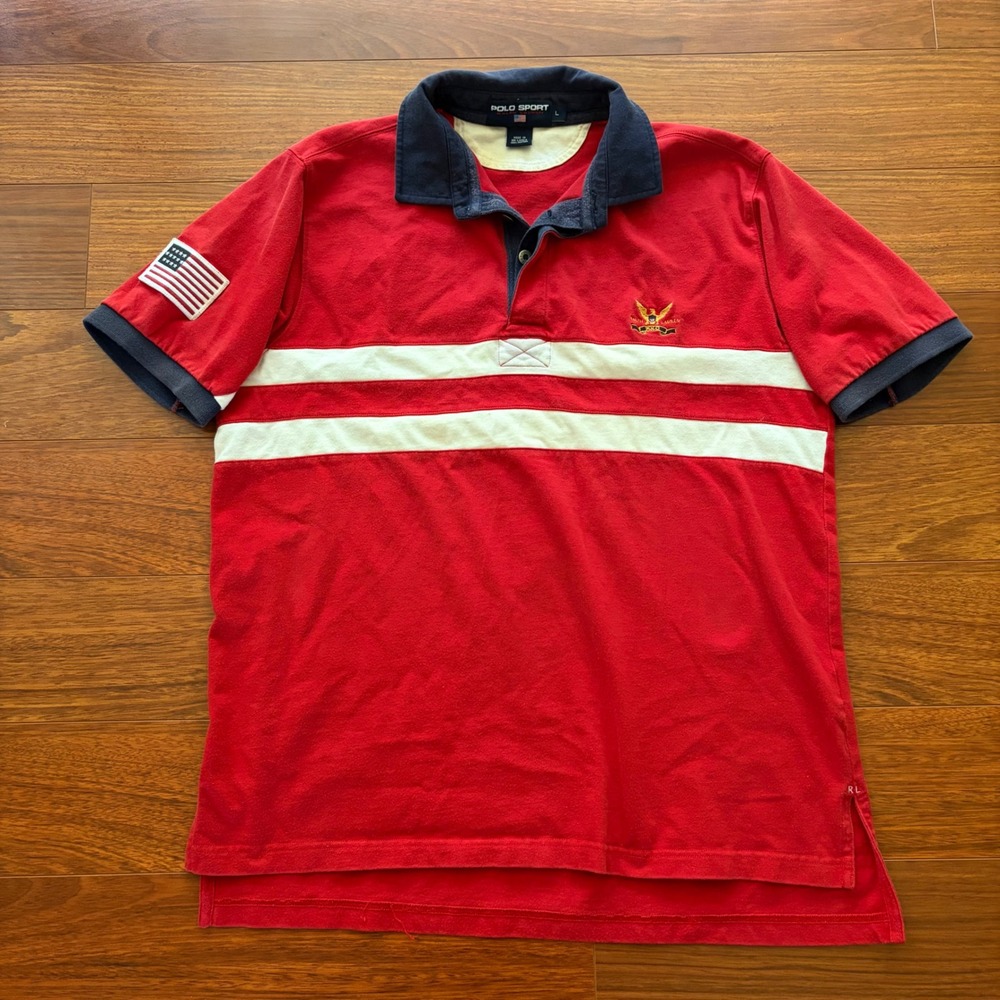 Polo Sport Ralph Lauren Vintage 90s USA Flag Polo Shirt Red Striped Large
